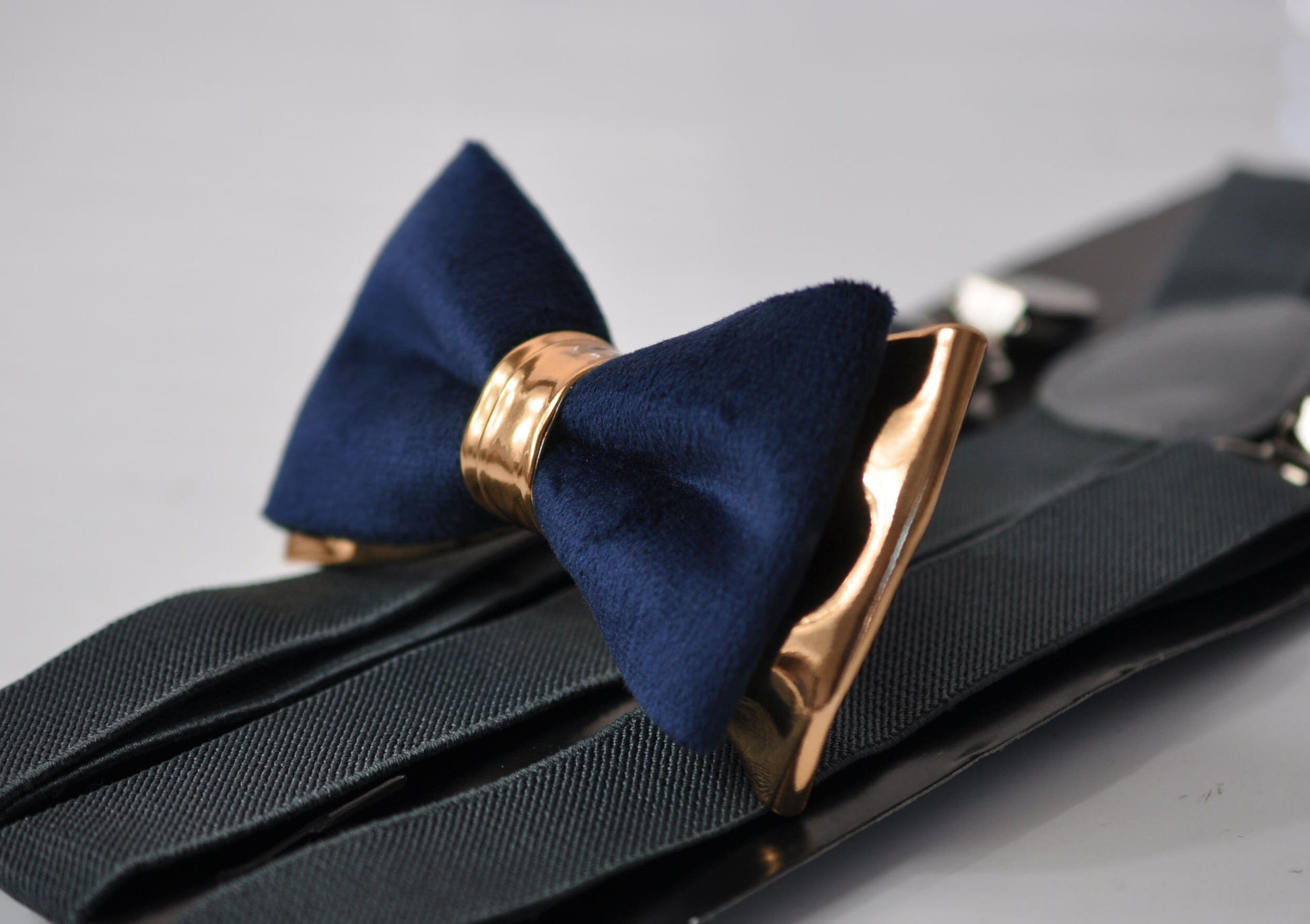 Navy Blue Velvet Rose Gold Faux Leather Bow tie + Dark Grey Elastic Suspenders Braces Men / Youth Teenage / Boy Kids / Baby Infant Toddler