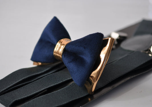 Navy Blue Velvet Rose Gold Faux Leather Bow tie + Dark Grey Elastic Suspenders Braces Men / Youth Teenage / Boy Kids / Baby Infant Toddler