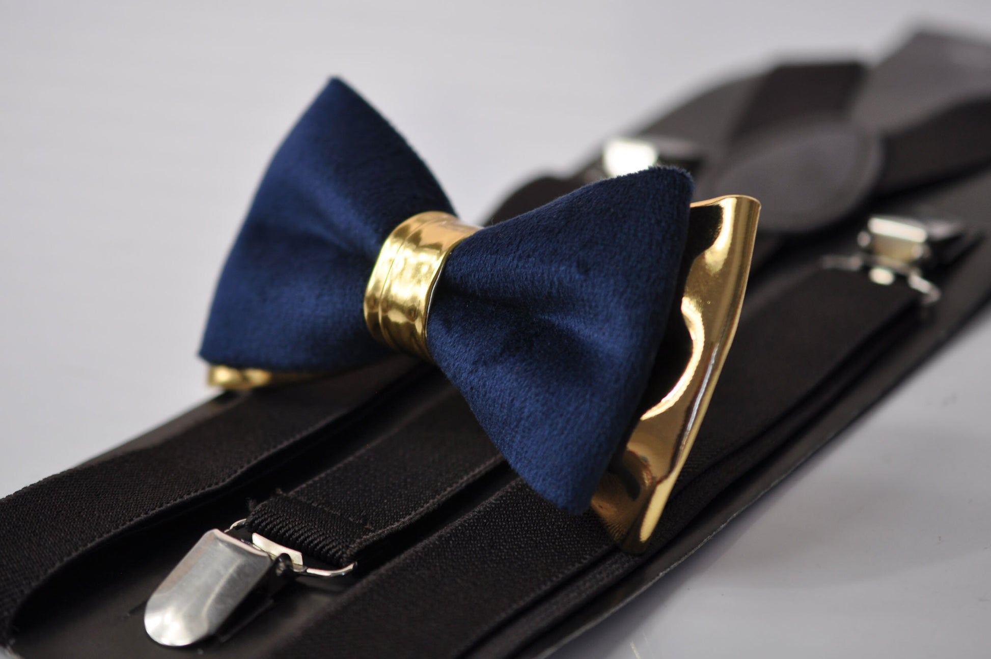 Navy Blue Velvet Gold Faux Leather Bow tie + Coffee Brown Elastic Suspenders Braces Men / Youth Teenage / Boy Kids / Baby Infant Toddler