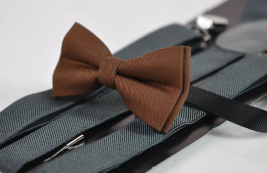 Toffee Brown Cotton Bow tie + Dark Grey Gray Elastic Suspenders Braces for Men Adult / Youth Teenage / Boy Kids / Toddler Baby Infant