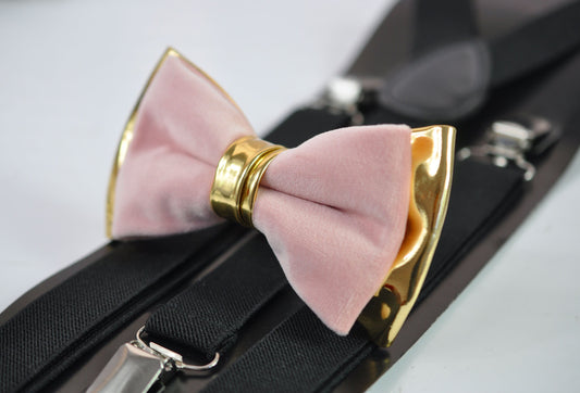 Dusty Pink Vevlet and Gold Faux Leather Bow tie + Black Elastic Suspenders Baraces for Men Adult / Youth Teenage / Boy Kids / Baby Infant