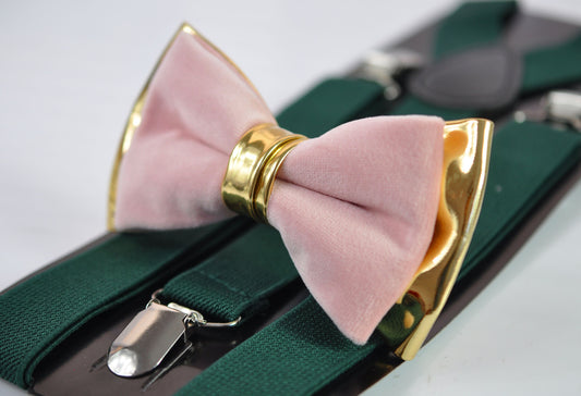 Dusty Pink Vevlet Gold Leather Bow tie + Emerald Green Elastic Suspenders Baraces for Men Adult / Youth Teenage / Boy Kids / Baby Infant