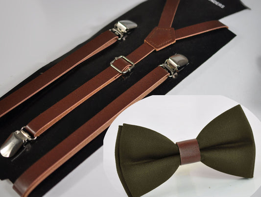 Olive Green Amy Green Cotton Brown Faux Leather Bow Tie + Brown Faux Leather Skinny Suspenders Braces For Youth / Boy Kids / Baby infant