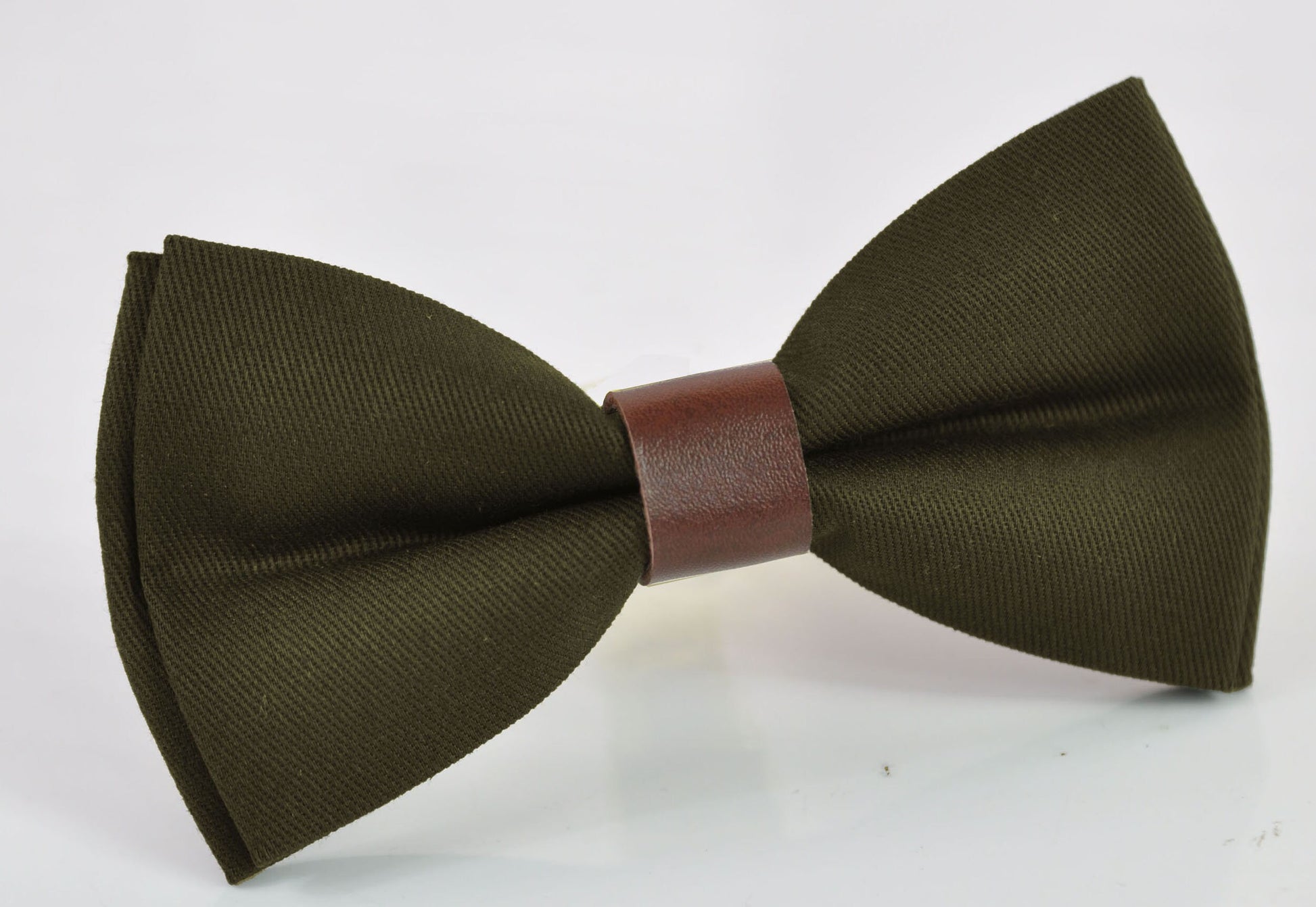 Olive Green Amy Green Cotton Brown Faux Leather Bow Tie + Brown Faux Leather Skinny Suspenders Braces For Youth / Boy Kids / Baby infant