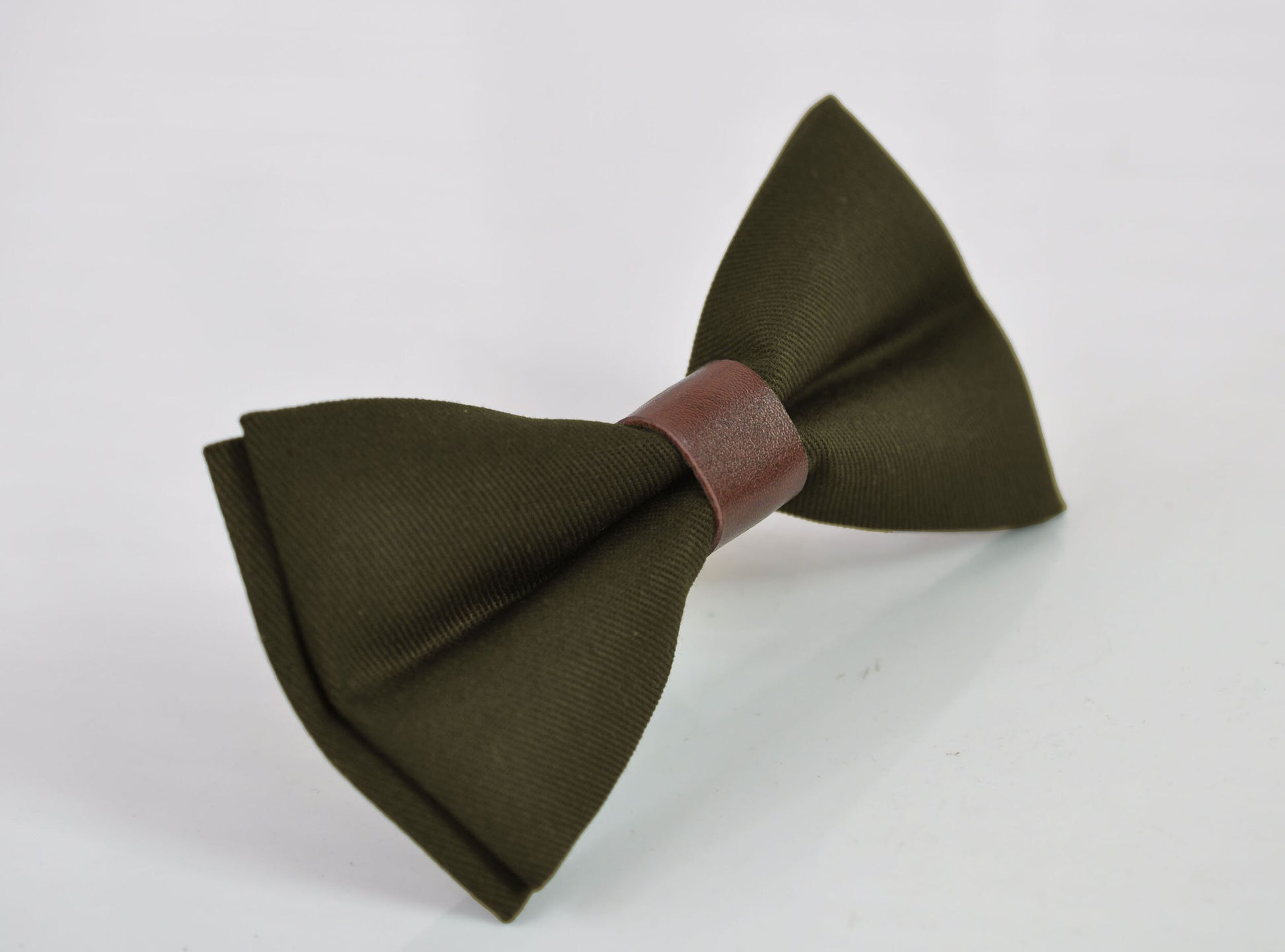 Olive Green Amy Green Cotton Brown Faux Leather Bow Tie + Brown Faux Leather Skinny Suspenders Braces For Youth / Boy Kids / Baby infant