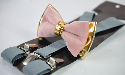 Dusty Pink Vevlet and Gold Leather Bow tie + Light Grey Elastic Suspenders Baraces for Men / Youth Teenage / Boy Kids / Baby Infant Toddler