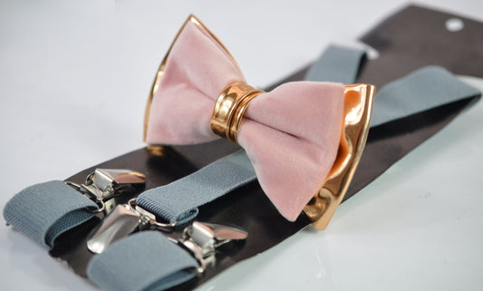 Dusty Pink Vevlet Rose Gold Faux Leather Bow tie + Light Grey Elastic Suspenders Baraces for Men / Youth / Boy Kids / Baby Infant Toddler