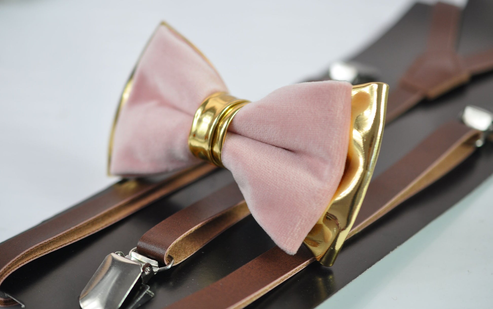 Dusty Pink Vevlet and Gold Faux Leather Bow tie + Brown Skinny Leather Suspenders braces for Youth Teenage / Boy Kids / Baby Infant Toddler