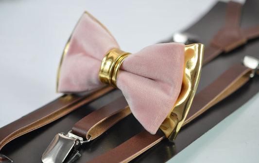 Dusty Pink Vevlet and Gold Faux Leather Bow tie + Brown Skinny Leather Suspenders braces for Youth Teenage / Boy Kids / Baby Infant Toddler