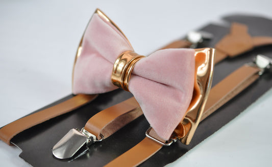 Dusty Pink Vevlet Rose Gold Faux Leather Bow tie + Brown Tan Leather Suspenders braces for Youth Teenage / Boy Kids / Baby Infant Toddler
