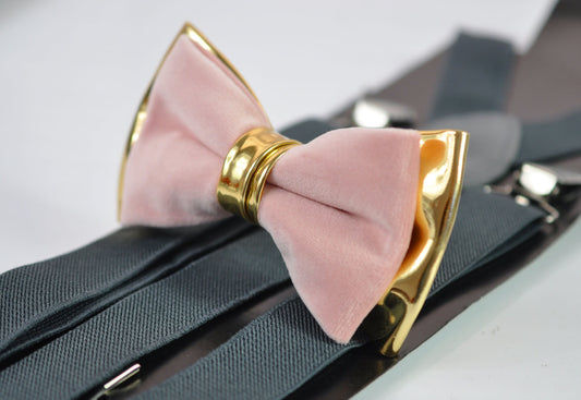 Dusty Pink Vevlet and Gold Faux Leather Bow tie + Dark Grey Gray Elastic Suspenders Baraces for Men / Youth / Boy Kids / Baby Infant Toddler