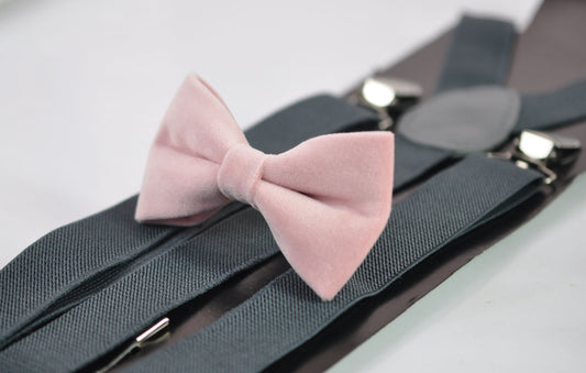 Blush Dusty Pink Velvet Bow tie + Dark Grey Gray Elastic Suspenders Braces for Men Adult / Youth Teenage / Boy Kids / Baby Infant Todler