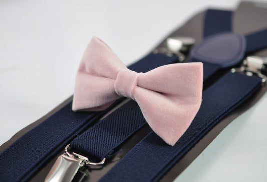 Blush Dusty Pink Velvet Bow tie + Navy Blue Elastic Suspenders Braces for Men Adult / Youth Teenage / Boy Kids / Baby Infant Todler