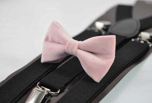 Blush Dusty Pink Velvet Bow tie + Black Elastic Suspenders Braces for Men Adult / Youth Teenage / Boy Kids / Baby Infant Todler