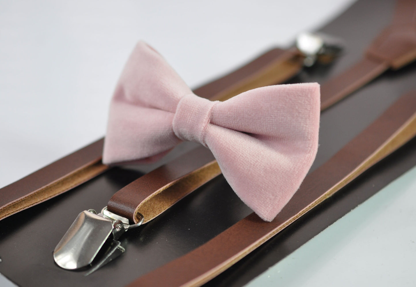 Blush Dusty Pink Velvet Rose Pink Bow tie + Brown Skinny Faux Leather Suspenders Braces for Youth Teenage / Boy Kids / Baby Infant Todler