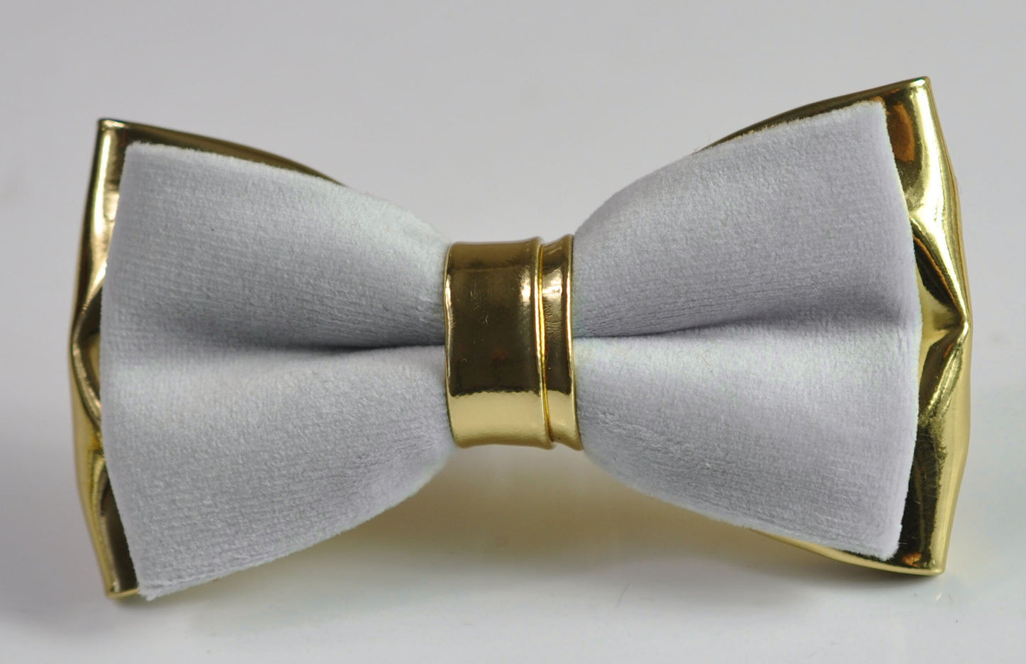 Silver Grey and Gold Faux Leather Bow tie + Light Grey Elastic Suspenders Braces for Men / Youth Teenage / Boy Kids / Baby Infant Toddler