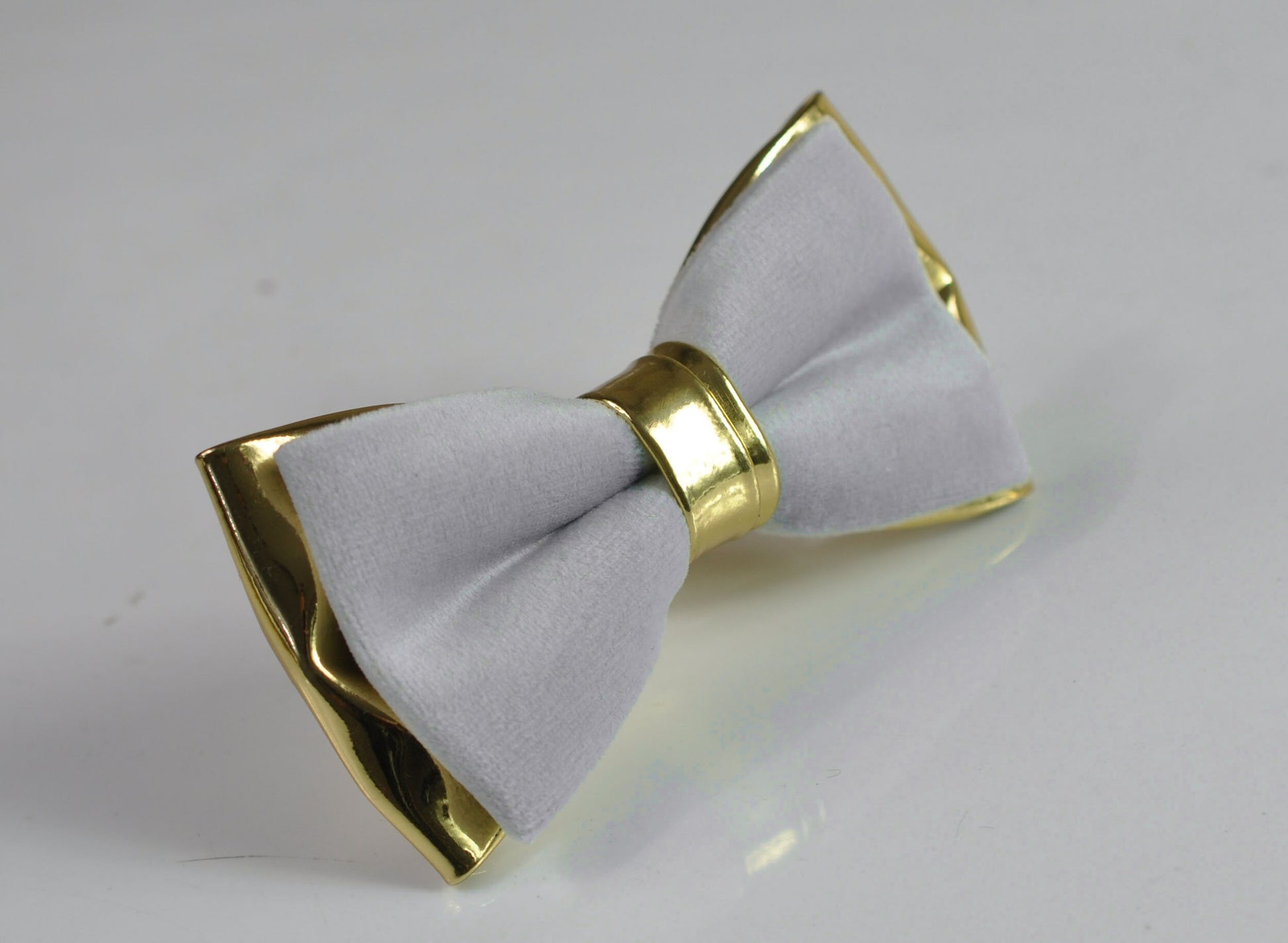 Silver Grey and Gold Faux Leather Bow tie + Light Grey Elastic Suspenders Braces for Men / Youth Teenage / Boy Kids / Baby Infant Toddler