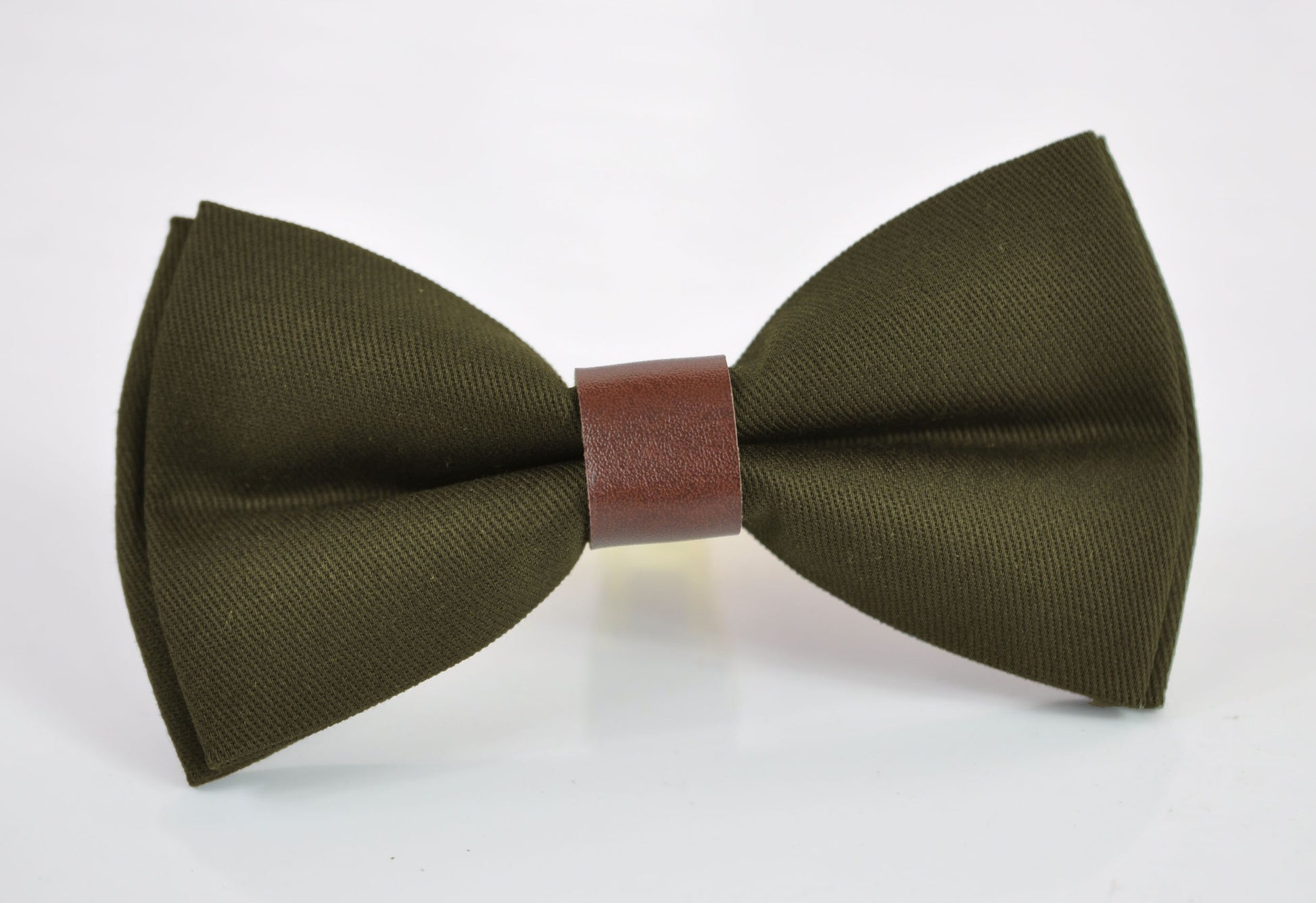 Olive Green Army Green Cotton Brown Faux Leather Pretied Bow tie Bowtie for Men Adult / Youth Teenage / Boy Kids / Toddler Baby Infant