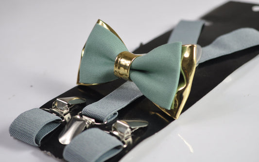 Sage Green Cotton Gold Faux Leather Bow Tie + Light Grey Elastic Suspenders Braces for Men / Youth Teenage / Boy Kids / Baby Infant Toddler