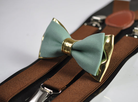 Sage Green Cotton Gold Faux Leather Bow Tie + Brown Elastic Suspenders Braces for Men / Youth Teenage / Boy Kids / Baby Infant Toddler