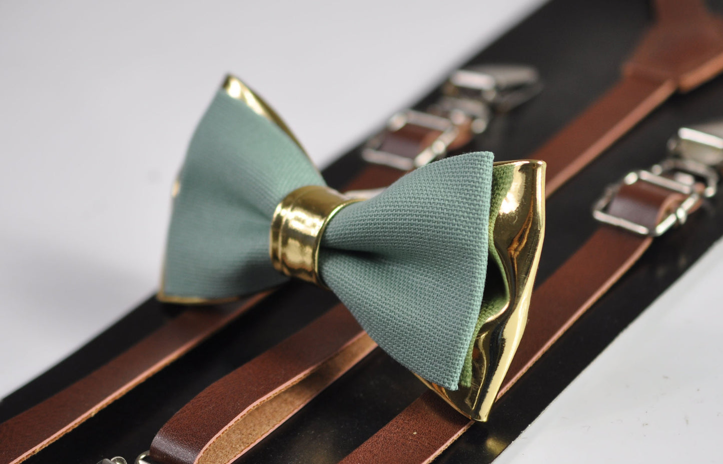 Sage Green Cotton Gold Faux Leather Bow tie + Brown Faux Leather Suspenders Braces for Youth Teenage / Boy Kids / Baby Infant Toddler