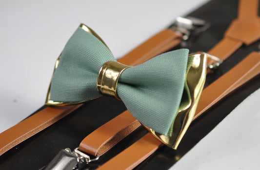 Sage Green Cotton Gold Faux Leather Bow tie + Tan Brown Faux Leather Suspenders Braces for Youth Teenage / Boy Kids / Baby Infant Toddler