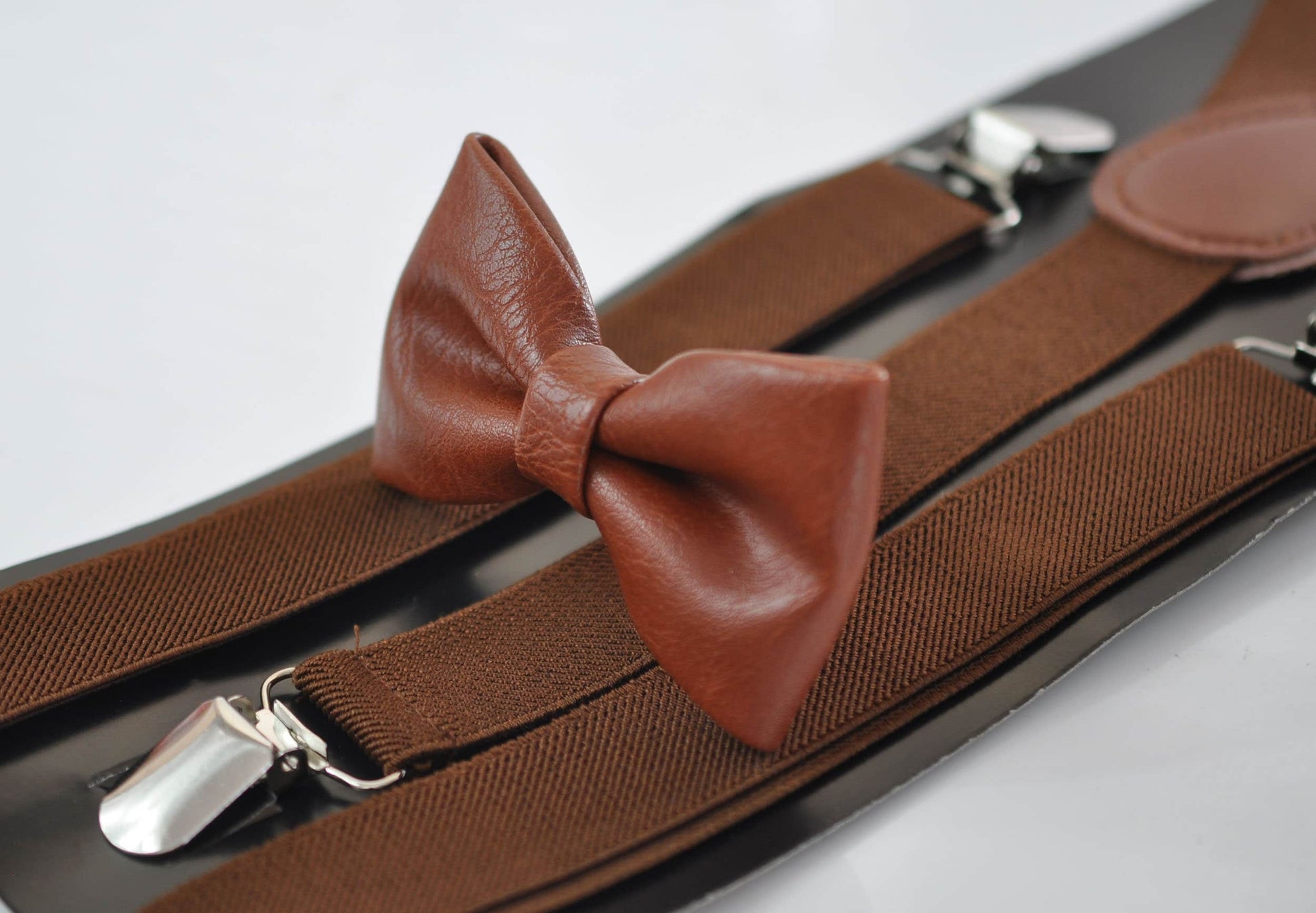 Red Redish Brown Faux Leather Bow tie + Brown Elastic Suspenders Braces for Baby infant Toddler / Boy Kids / Youth Teenage / Adult Men