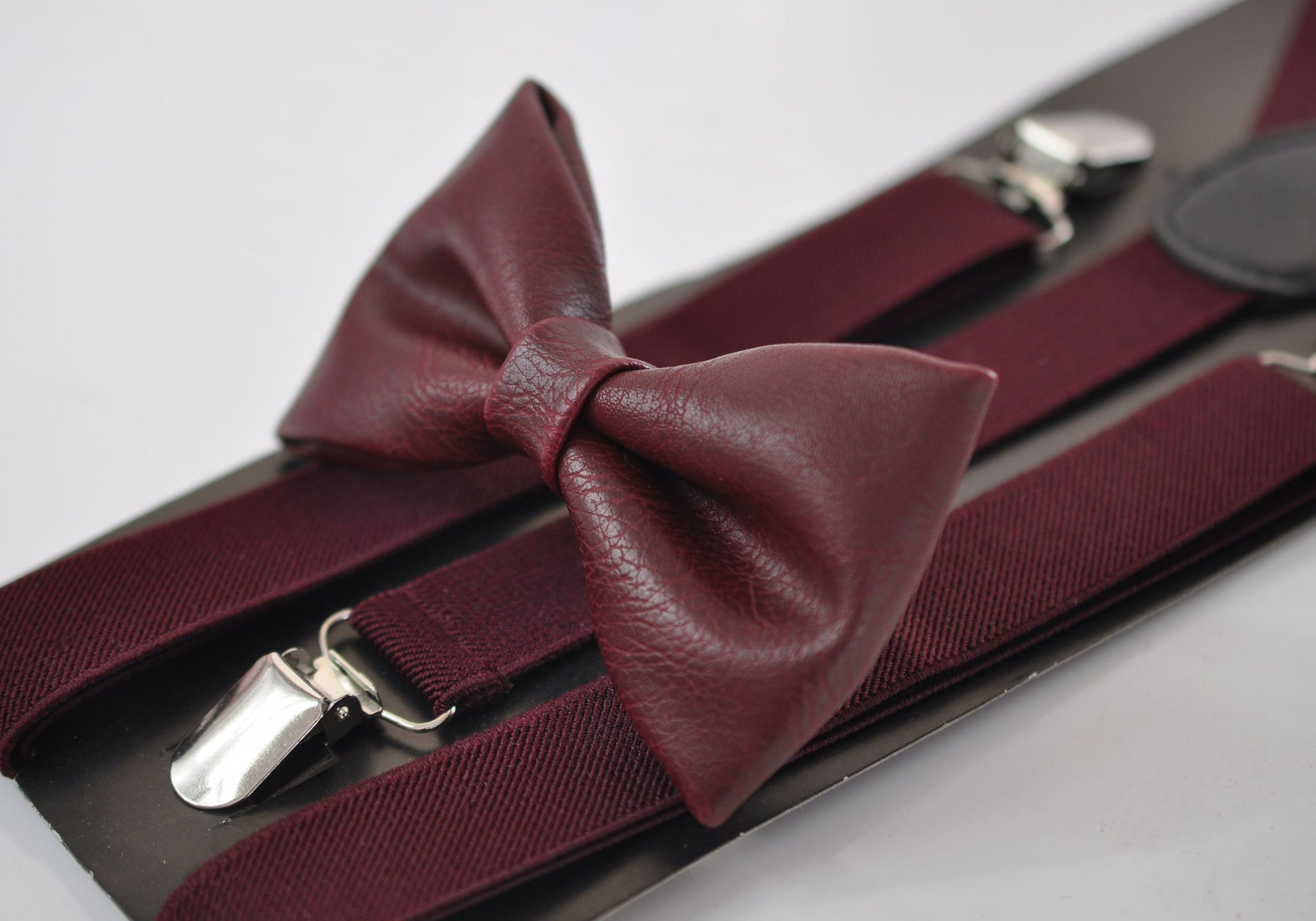 Burgundy Red Dark Red Faux Leather Bow tie + Wine Red Elastic Suspenders Braces Baby infant Toddler / Boy Kids / Youth Teenage / Adult Men