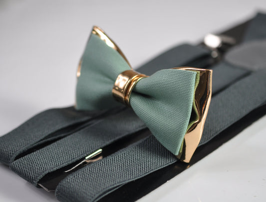 Sage Green Cotton Rose Gold Faux Leather Bow Tie + Gray Grey Elastic Suspenders Braces for Men / Teenage / Boy Kid / Baby Infant Toddler