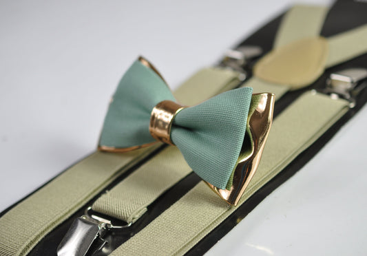 Sage Green Cotton Rose Gold Faux Leather Bow Tie + Beige Khaki Elastic Suspenders Braces for Men / Teenage / Boy Kids / Baby Infant Toddler