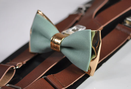 Men Adult Sage Green Cotton + Rose Gold Faux Leather Bow tie + Brown 25mm Wide Faux Leather Adjustable Suspenders Braces