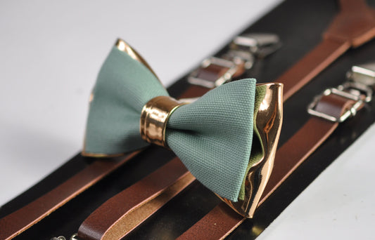 Sage Green Cotton Rose Gold Faux Leather Bow tie + Brown Faux Leather Suspenders Braces for Youth Teenage / Boy Kids / Baby Infant Toddler