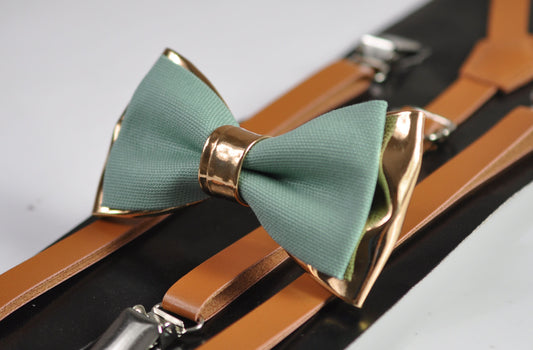 Sage Green Cotton Rose Gold Faux Leather Bow tie + Tan Brown Leather Suspenders Braces for Youth Teenage / Boy Kids / Baby Infant Toddler