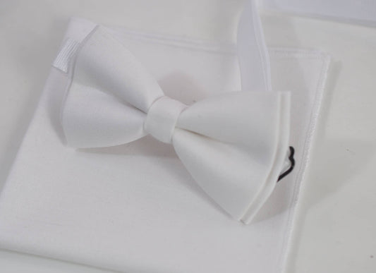 White 100% Cotton Bow tie Bowtie + matched pocket Square Hanky Handkerchief for Men / Youth / Boy Kids / Baby Infant Toddler