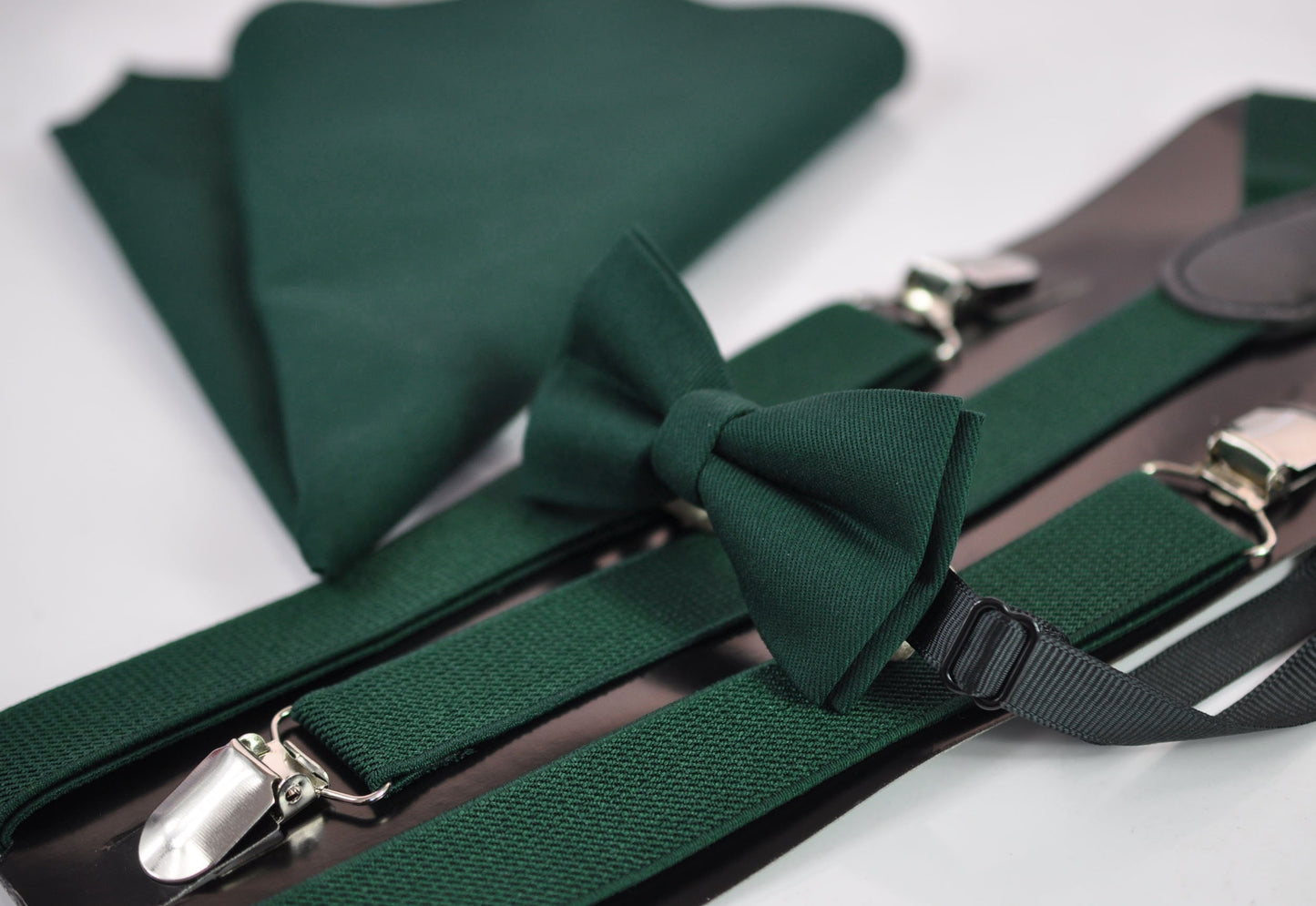 Dark Emerald Green Cotton Bow tie + Elastic Suspenders Braces + Pocket Square Hanky Handkerchief for Men / Youth / Boys Kids / Baby Infant