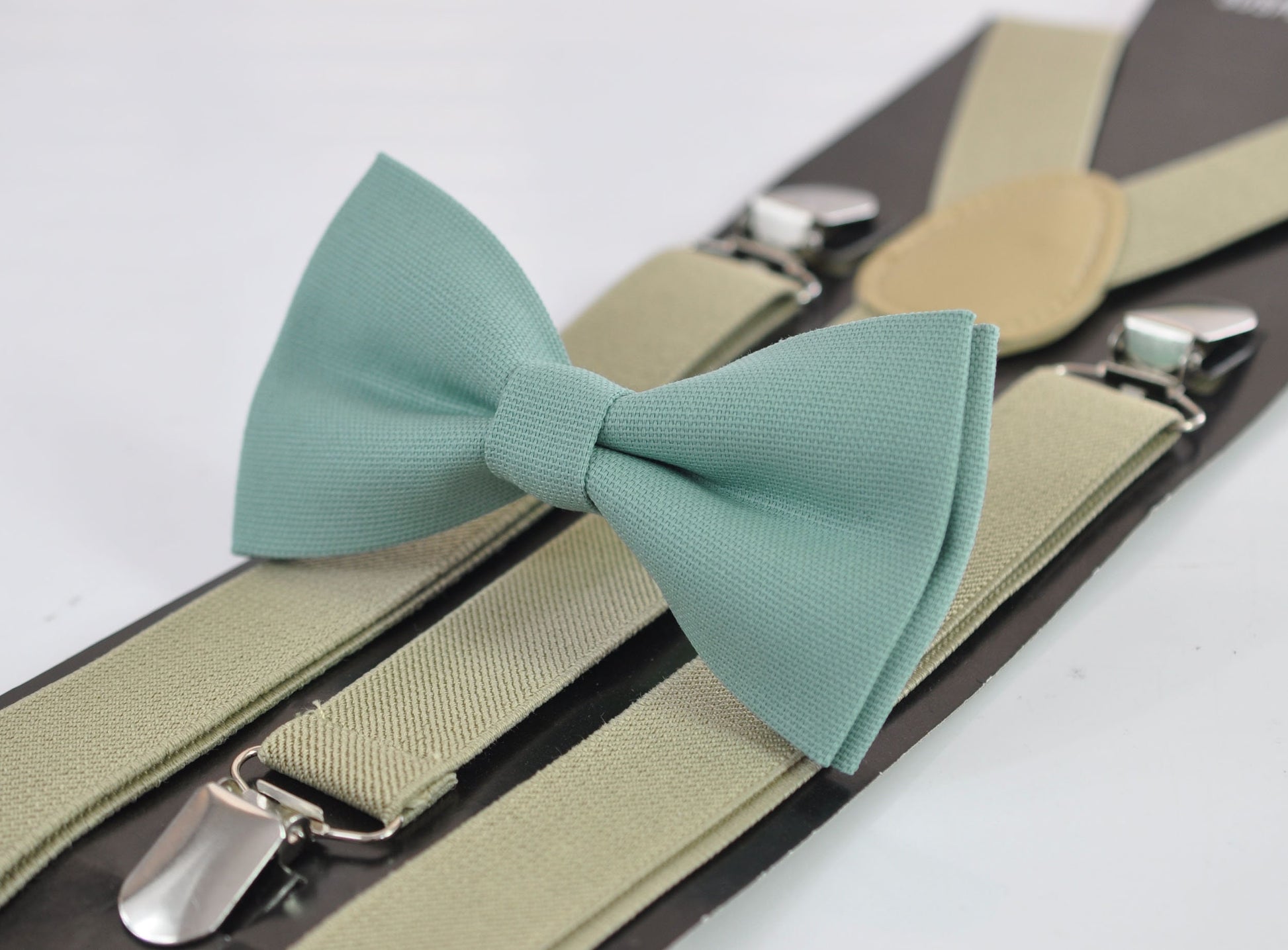 Sage Green Cotton Bow tie + Khaki Begie Elastic Suspenders Braces for Men Adult / Youth Teenage / Boy Kids / Baby Infant Toddler