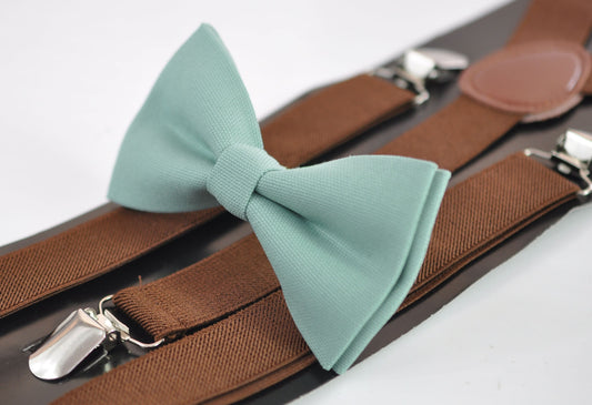 Sage Green Cotton Bow tie + Brown Elastic Suspenders Braces for Men Adult / Youth Teenage / Boy Kids / Baby Infant Toddler Wedding Prom
