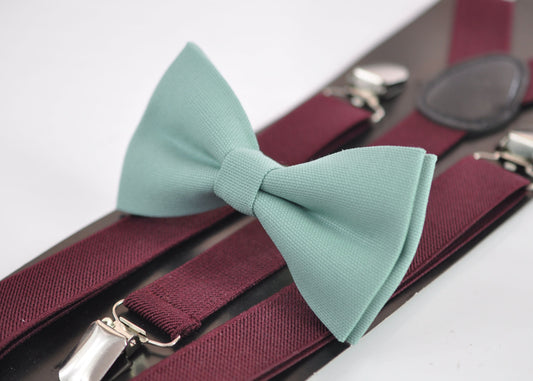 Sage Green Cotton Bow tie + Burgundy Wine Red Elastic Suspenders Braces for Men Adult / Youth Teenage / Boy Kids / Baby Infant Toddler