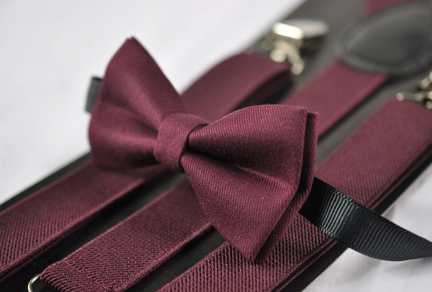 Burgundy Wine Red Cotton Bow tie + Elastic Suspenders Braces + Pocket Square Hanky Handkerchief for Men / Youth / Boys Kids / Baby Infant