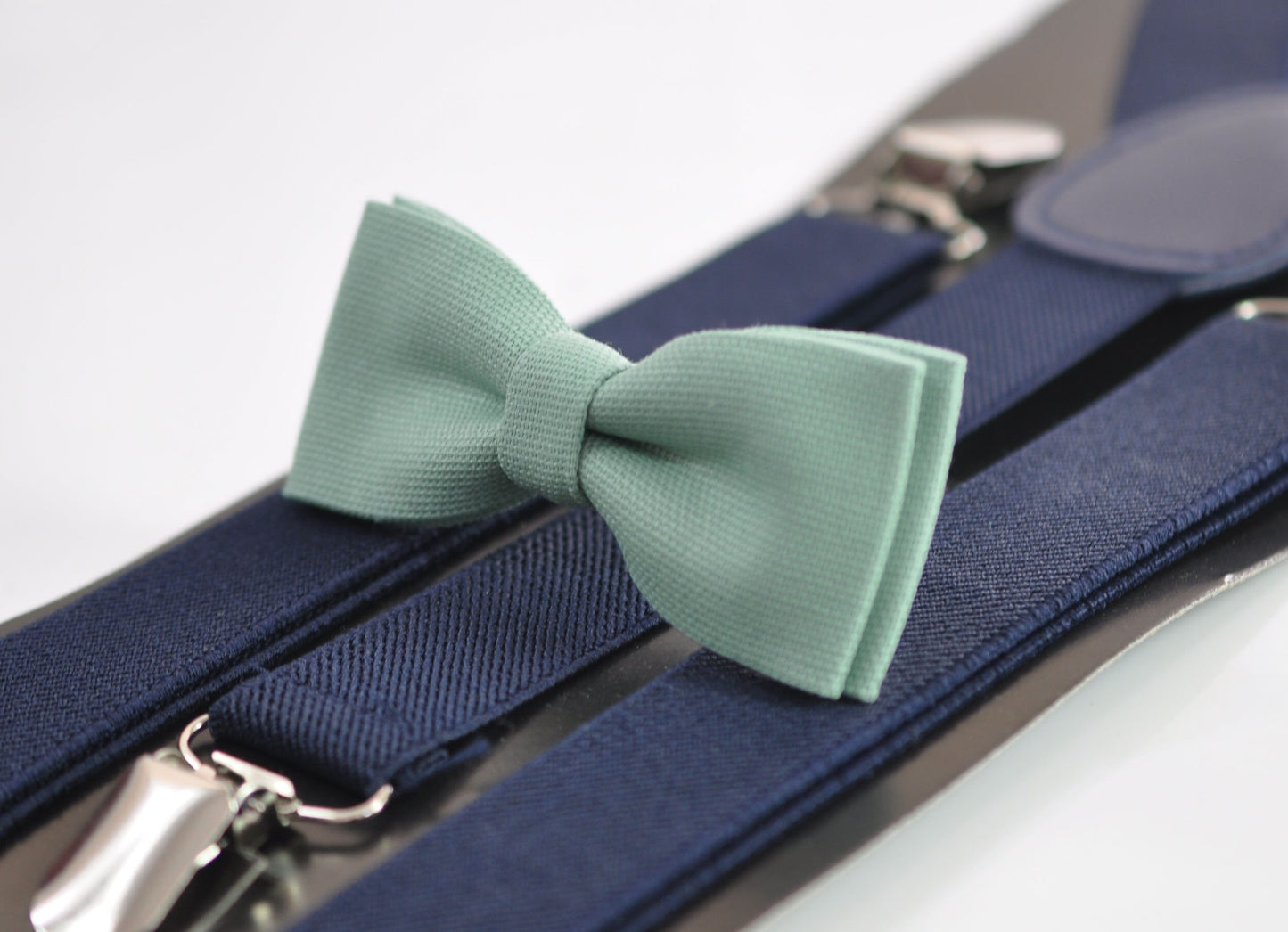 Sage Green Cotton Skinny Narrow Bow Tie + Navy Blue Elastic Suspenders Braces for Men / Youth Teenage / Boy Kids / Baby Infant Toddler