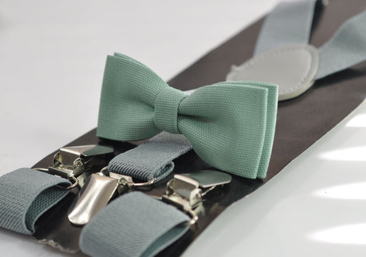 Sage Green Cotton Skinny Narrow Bow tie + Light Grey Gray Elastic Suspenders Braces for Men / Teenage / Boy Kids / Baby Infant Toddler