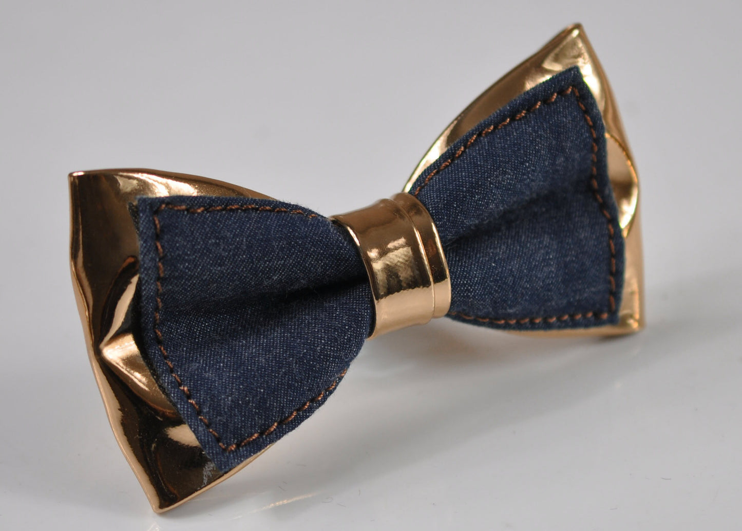 Navy Blue Denim + Rose Gold Golden Faux Leather 2 Layers Bow tie Bowtie for Men Adult / Youth Teenage / Boy Kids / Baby Infant Toddler