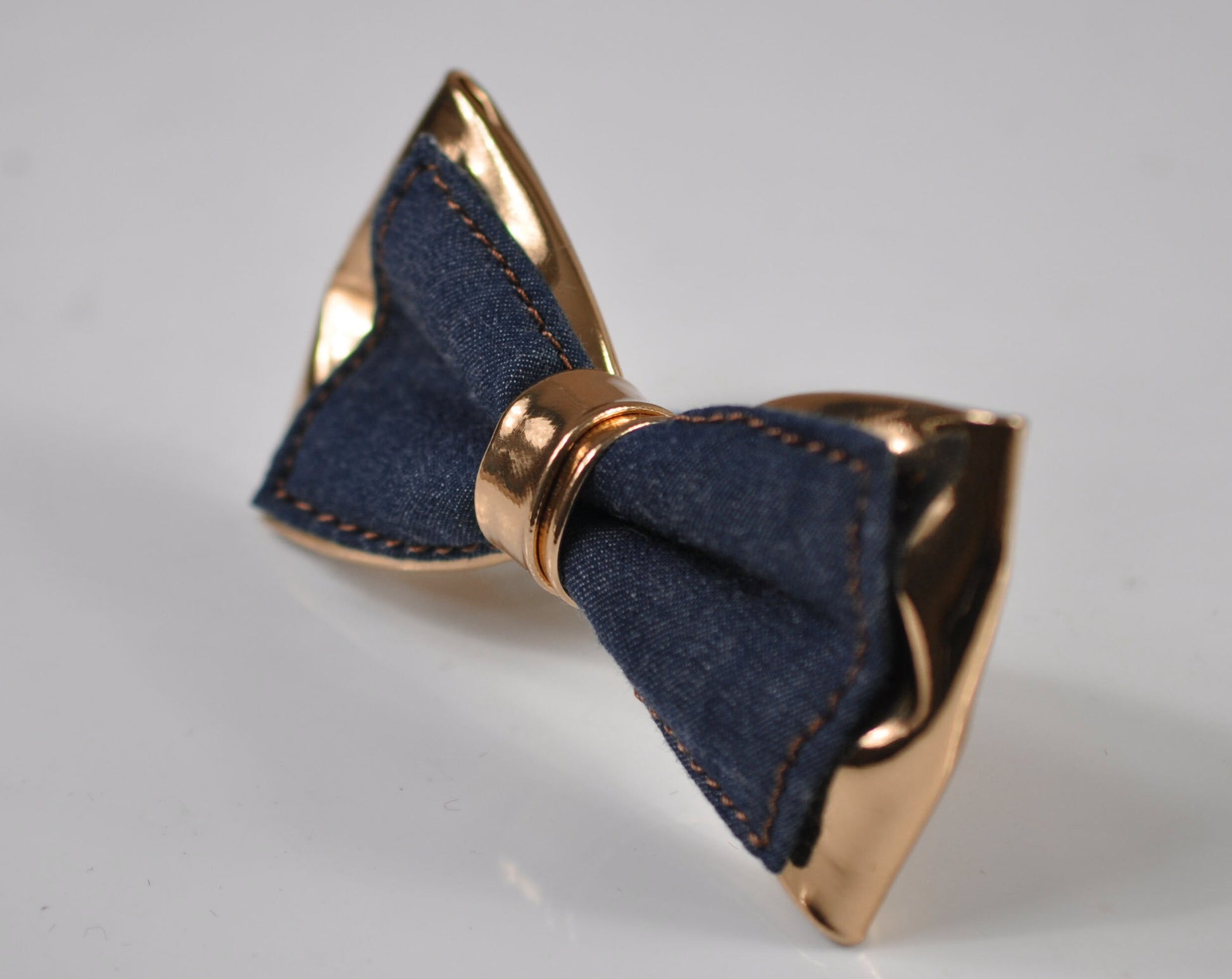 Navy Blue Denim + Rose Gold Golden Faux Leather 2 Layers Bow tie Bowtie for Men Adult / Youth Teenage / Boy Kids / Baby Infant Toddler