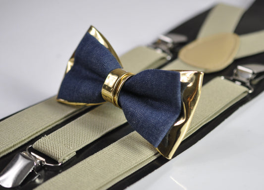 Navy Blue Denim Gold Faux Leather Bow Tie + Khaki Beige Elastic Suspenders Braces for Men / Youth Teenage / Boy Kids / Baby Infant Toddler