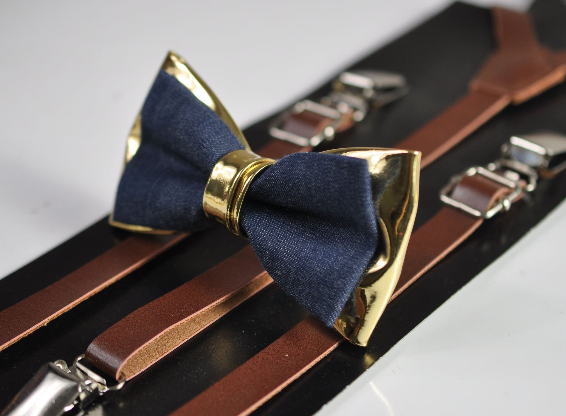 Navy Blue Denim and Gold Faux Leather Bow Tie + Brown Faux Leather Suspenders Braces for Men / Youth Teenage / Boy Kids / Baby Toddler