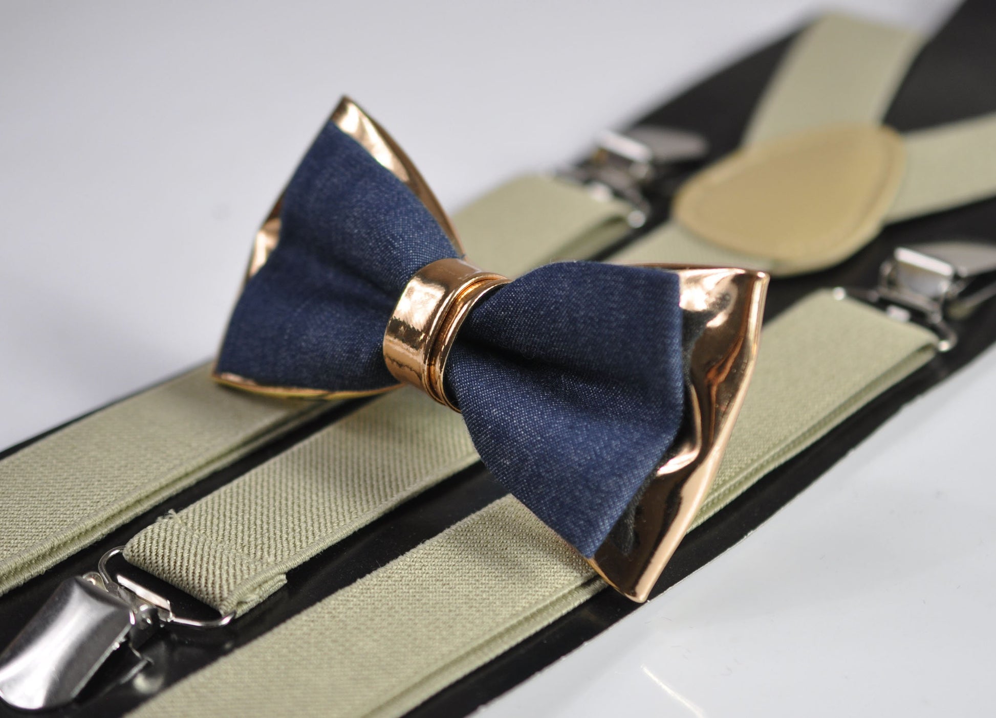 Navy Blue Denim Rose Gold Faux Leather Bow Tie + Khaki Beige Elastic Suspenders Braces for Men / Teenage / Boy Kids / Baby Infant Toddler