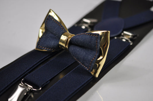 Navy Blue Denim Gold Faux Leather Bow Tie + Navy Blue Elastic Suspenders Braces for Men / Teenage / Boy Kids / Baby Infant Toddler