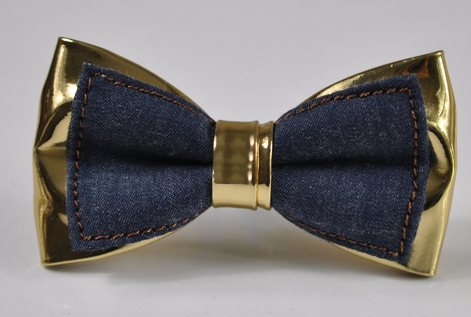 Navy Blue Denim Gold Faux Leather Bow Tie + Navy Blue Elastic Suspenders Braces for Men / Teenage / Boy Kids / Baby Infant Toddler