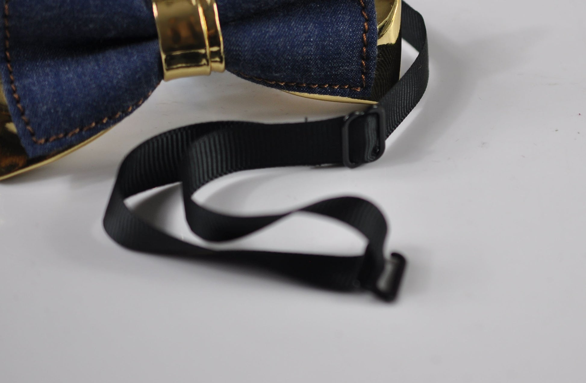 Navy Blue Denim Gold Faux Leather Bow Tie + Brown Elastic Suspenders Braces for Men / Teenage / Boy Kids / Baby Infant Toddler