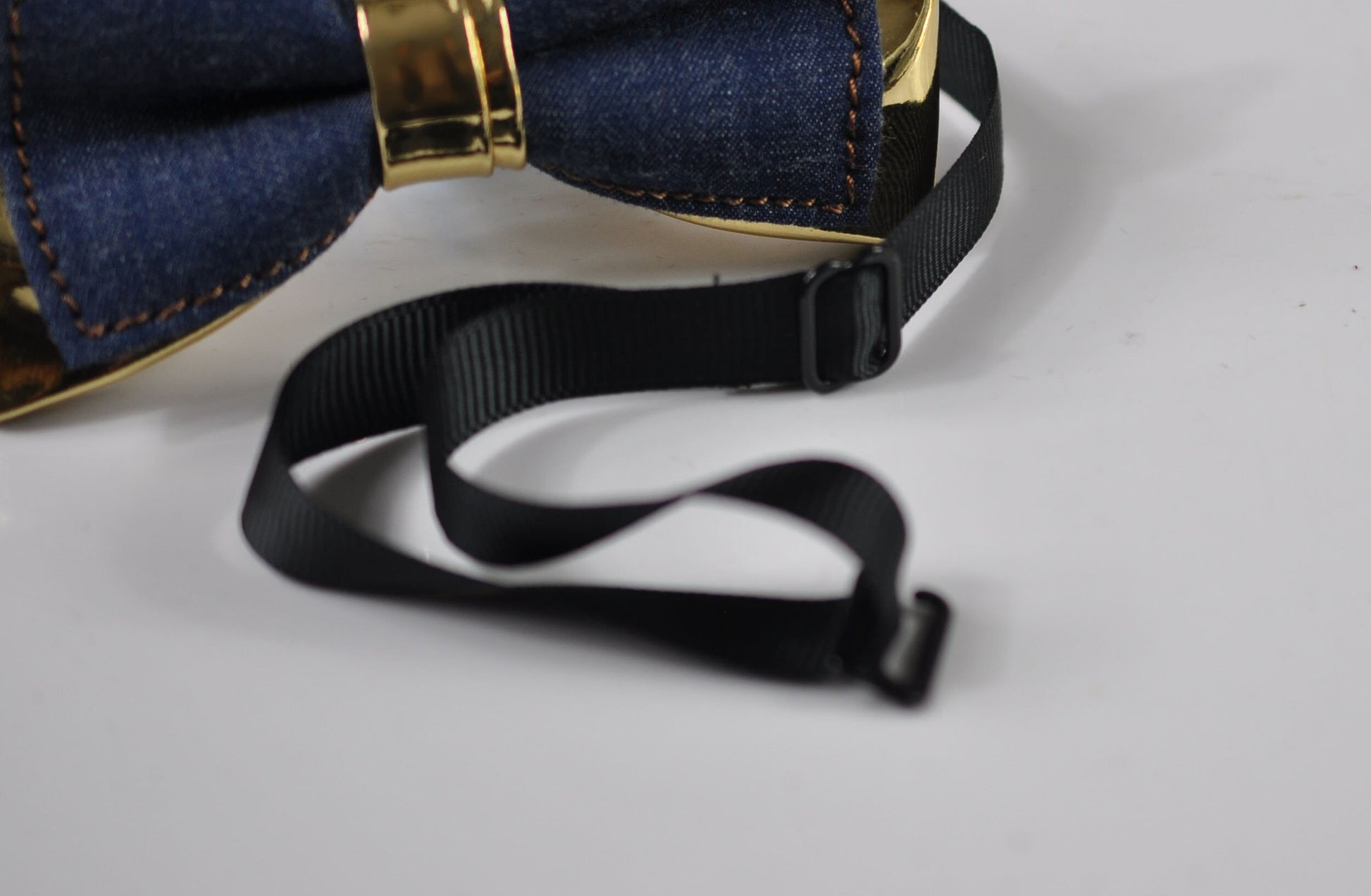 Navy Blue Denim and Gold Faux Leather Bow Tie + Brown Faux Leather Suspenders Braces for Men / Youth Teenage / Boy Kids / Baby Toddler